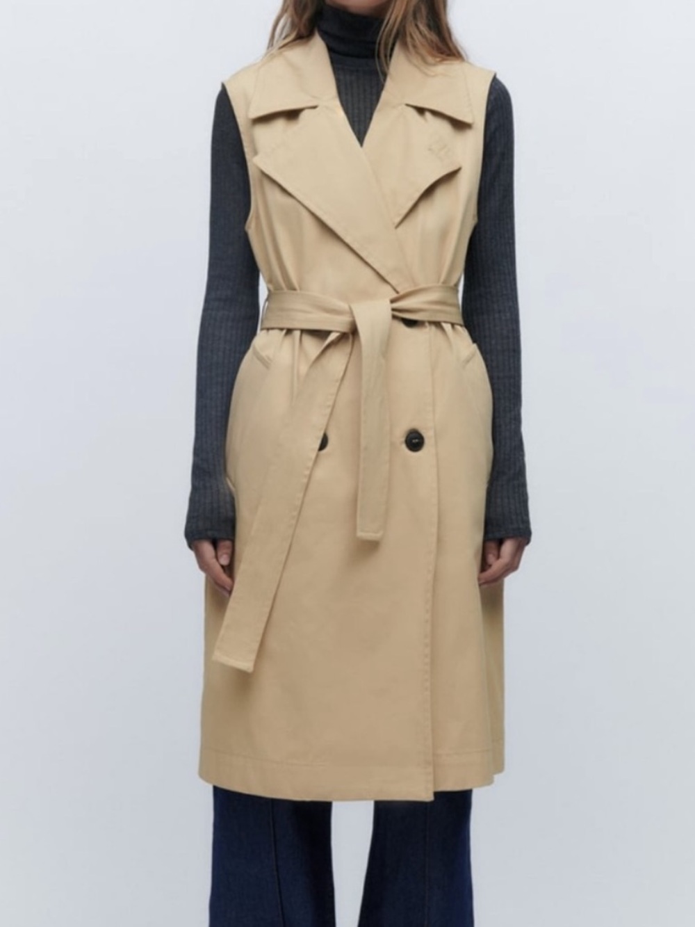 Zara Camel Sleeveless Trench Dress Vest Belted Double Breasted Size Large